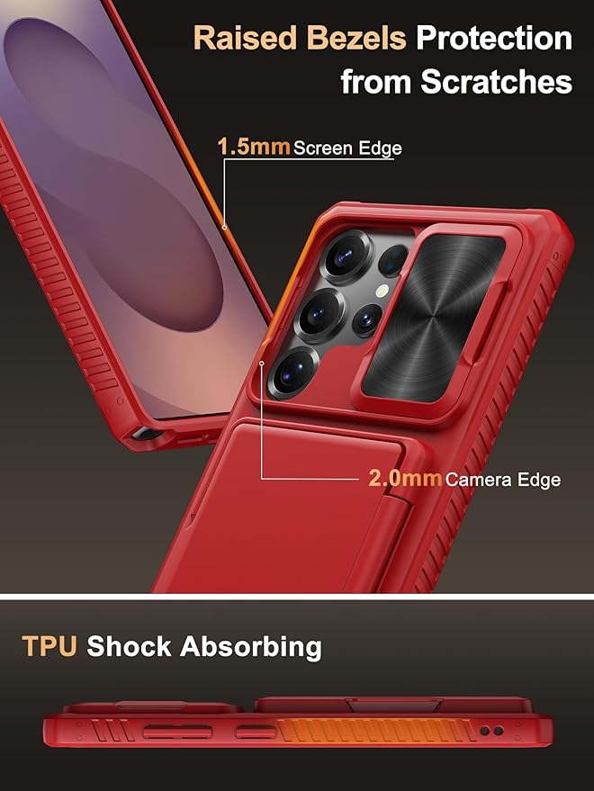 Vihibii for Samsung Galaxy S25 Ultra Wallet Case with Card Holder (4 Cards), [RFID Blocking] & Slide Camera Lens Cover & Raised Edges Protect Screen, Shockproof Cover for Samsung Galaxy S25 Ultra, Red