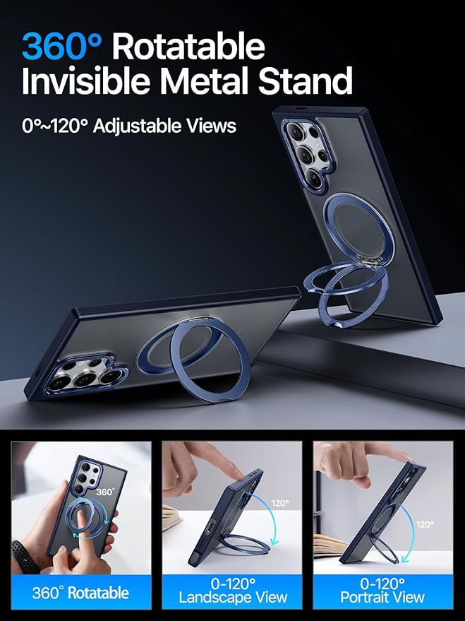 QTlier for Samsung Galaxy S24 Ultra Case, 360° Rotatable Magnetic Ring Stand Case, [Military-Grade Protection] [Raised Camera Frame] Case for Samsung Galaxy S24 Ultra, Matte Translucent Blue