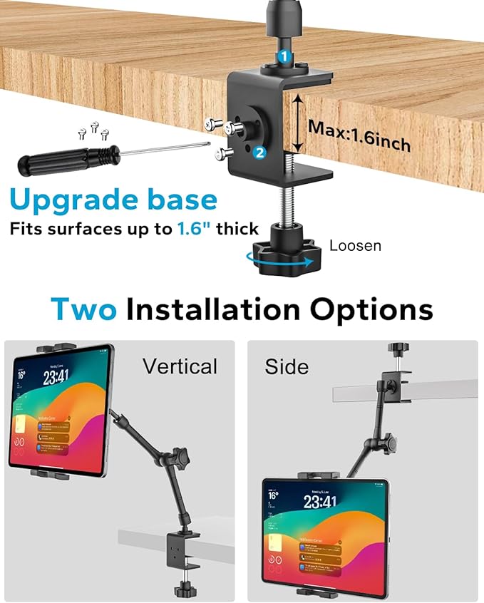 16" Tablet Stand Holder for Desk, Under Cabinet, Shelf, Bed, [Metal Arm] 360° Adjustable Tablet Holder Clamp Compatible with iPad Pro/Air/Mini, Kindles, Fire HD, Galaxy Tabs and All 4.7-16" Tablets