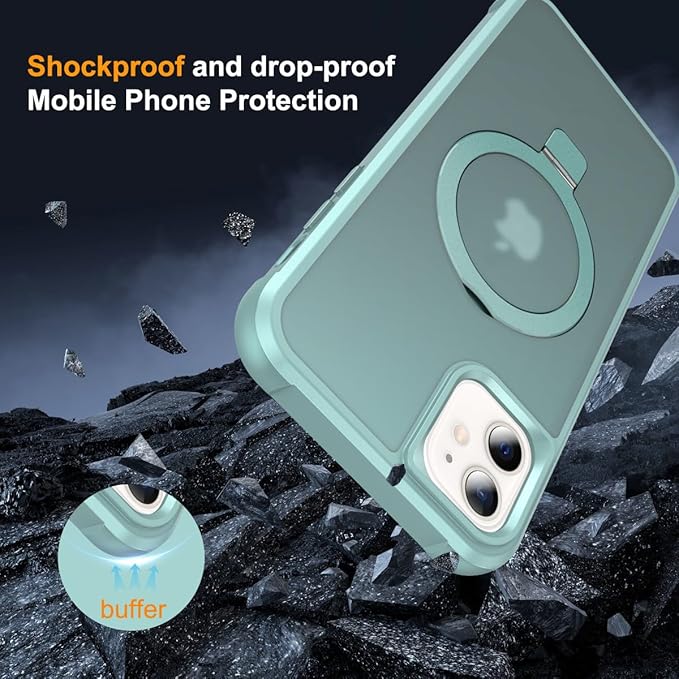 Magnetic Compatible with iPhone 12/12 Pro Case with Stand [Military Grade Drop Tested][Compatible with Magnet] Ring Translucent Slim Hard Back Soft Edge, Teal Green