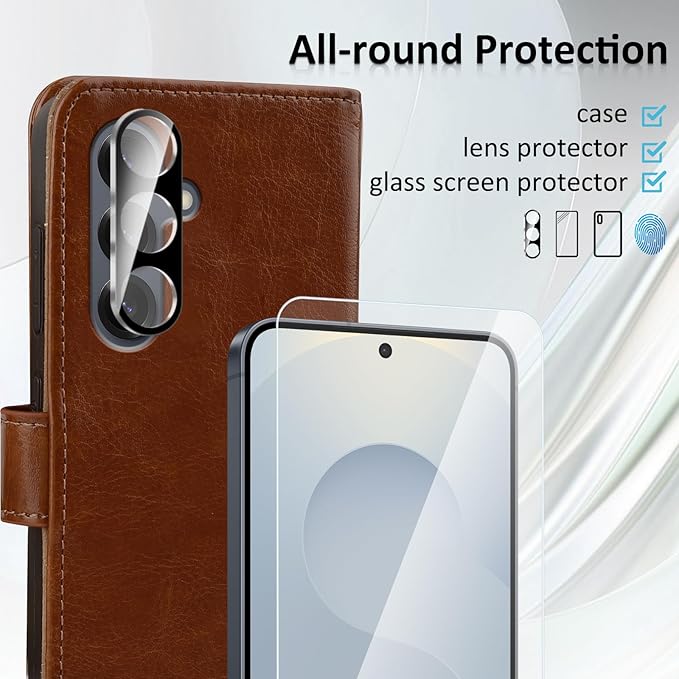 MONASAY Wallet Case Fit for Samsung Galaxy S25 5G, [Lens & Glass Screen Protector Included] [RFID Blocking] Flip Folio Leather Cell Phone Cover with Credit Card Holder, 6.2 inch, Brown
