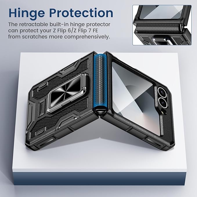 VEGO for Galaxy Z Flip 6 Case, 360° Rotatable Ring Kickstand & Belt Clip Holster & Tempered Glass Camera Screen Protector & Hinge Protection, Shockproof Case for Samsung Flip 6 5G - Black