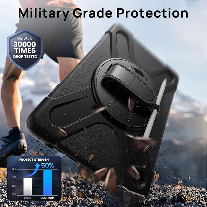 Gerutek Case for Samsung Galaxy Tab A9 Case 8.7" 2023, Full-Body Drop Protection Shockproof Cover with Screen Protector, 360° Rotating Stand, Hand/Shoulder Strap, Pencil Holder, Black