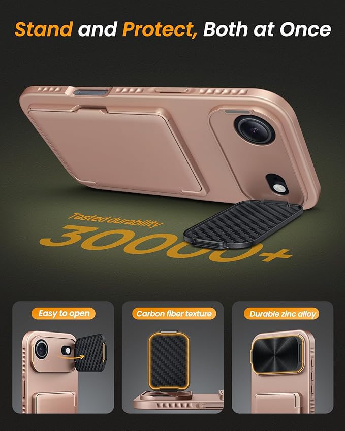for iPhone Air Case with Card Holder & Stand & Camera Cover, Military Grade Drop Protection Hard Back Rugged Multifunctional Wallet Kickstand Protective Phone Case for iPhone Air, Rose Gold