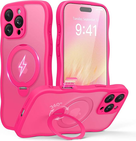 GolbinBox for iPhone 16 Pro Max Case for Women,[Compatible with Magsafe][360° Spin Magnetic Stand][Cute Wave Edge][Military-Grade Protection]Translucent Matte Phone Case for iPhone 16 ProMax, Hot Pink