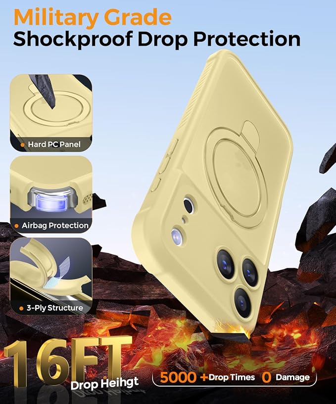 MOCCA Compatible with iPhone 17 Pro Case with Magnetic Invisible Stand [Full Camera Protection] [Compatible with Magsafe] Military Drop Shockproof Translucent Matte Phone Case Cover 6.3",Creamy Yellow