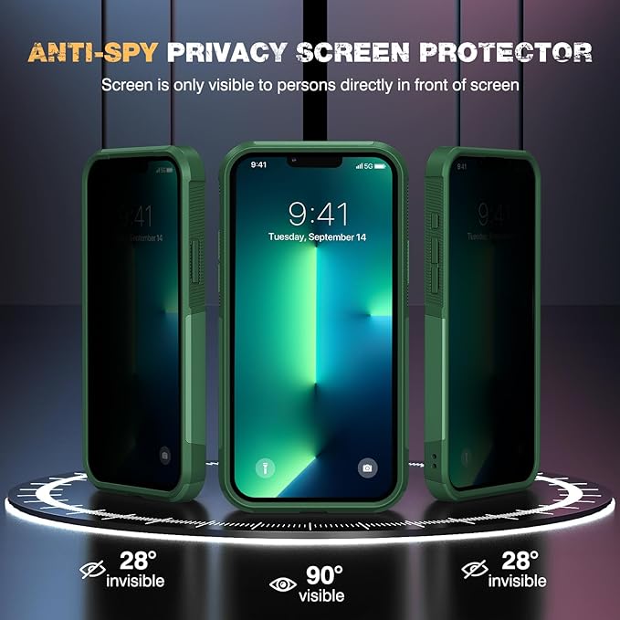 Diaclara Designed for iPhone 13 Pro Max Case, [with Privacy Screen Protector] [Anti Spy] [Military Grade Drop Protection] Heavy Duty Full-Body Shockproof Phone Case, Green