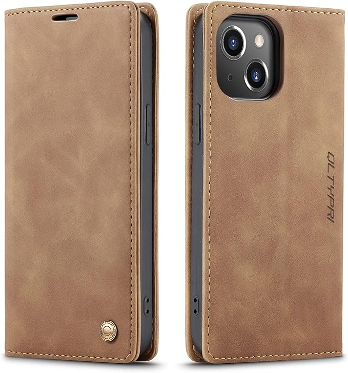 QLTYPRI Case for iPhone 14, Vintage PU Leather Wallet Case Card Slot Kickstand Magnetic Closure Shockproof Flip Folio Book Case Cover for iPhone 14(6.1 inch) - Brown