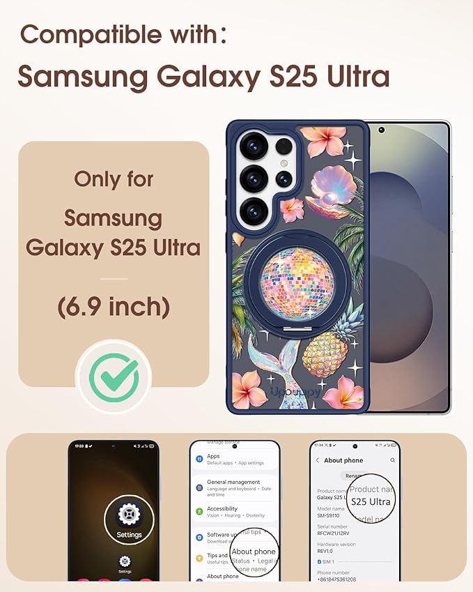 for Samsung Galaxy S25 Ultra Case with 360° Rotatable Magnetic Ring - Compatible with MagSafe, Semi-Transparent Anti-Fingerprint Soft-Touch Material Shockproof, Cute Y2K Design for Women Girl