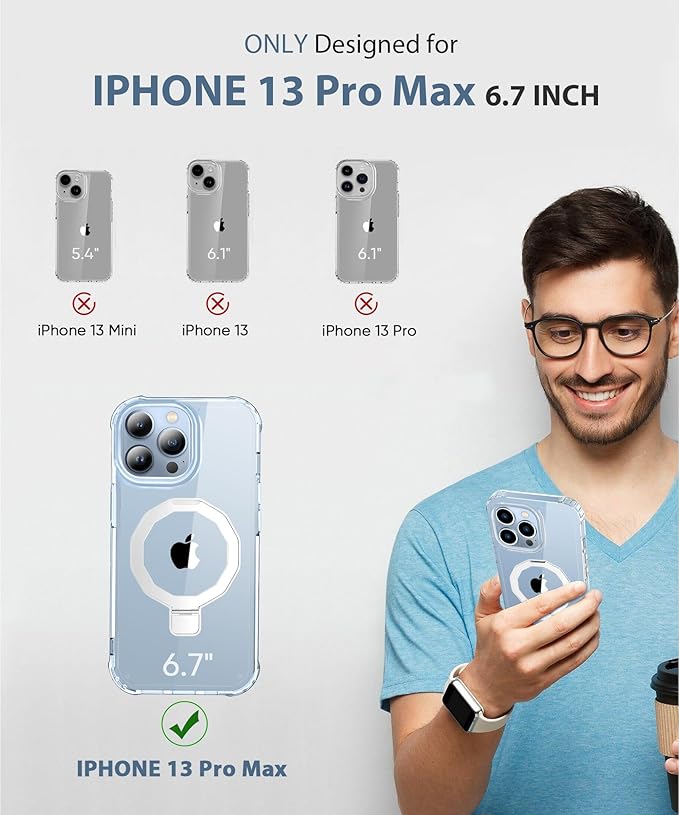 Compatible with iPhone 13 Pro Max Case, Built-in Screen Protector & Seamless Stand, with Camera Lens Protector, Strong Magnetic Clear Phone Case, Full Body Protective Cover for 6.7" (Clear)