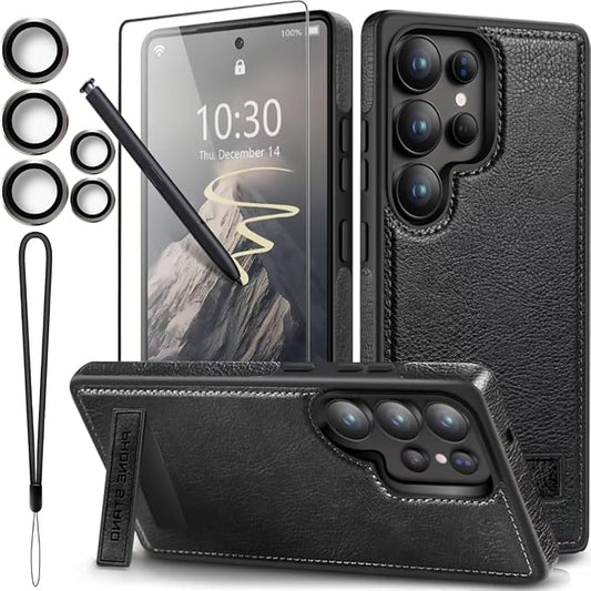 for Galaxy S25 Ultra Leather Case, Built-in Foldable Alloy Stand, with Camera Lens and Screen Protector, Slim Shockproof Kickstand Phone Cover 2025 (Black)