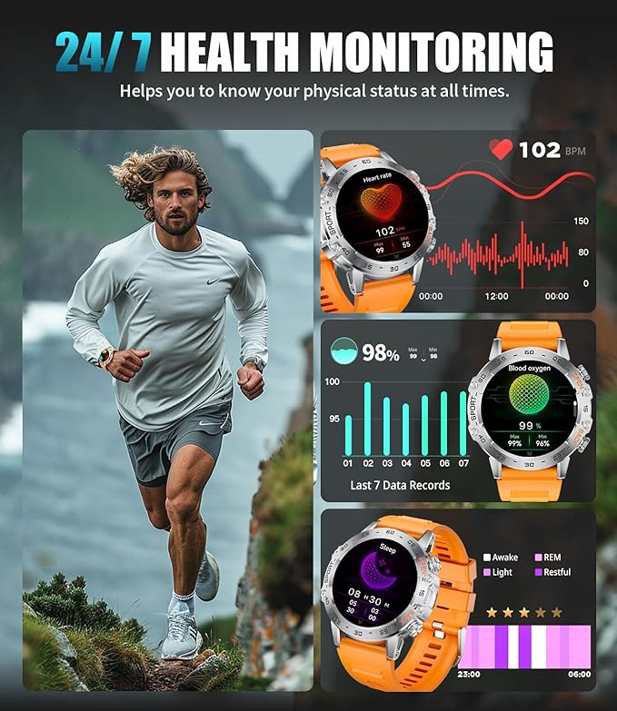 Military Smart Watch for Men(Answer/Dial Calls),1.43'' AMOLED/100 Sports Modes, 5ATM Waterproof Fitness Watch with Heart Rate/SpO2/pedometer for Android and iOS,Round Smartwatch Silver Steel