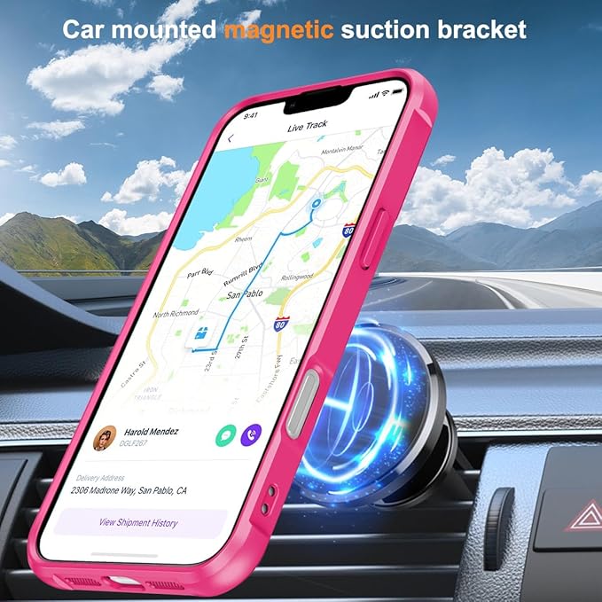 Magnetic Compatible with iPhone 16 Pro Max Case with Stand [Military Grade Drop Tested][Compatible with Magnet] Ring Translucent Slim Hard Back Soft Edge, Rose Red