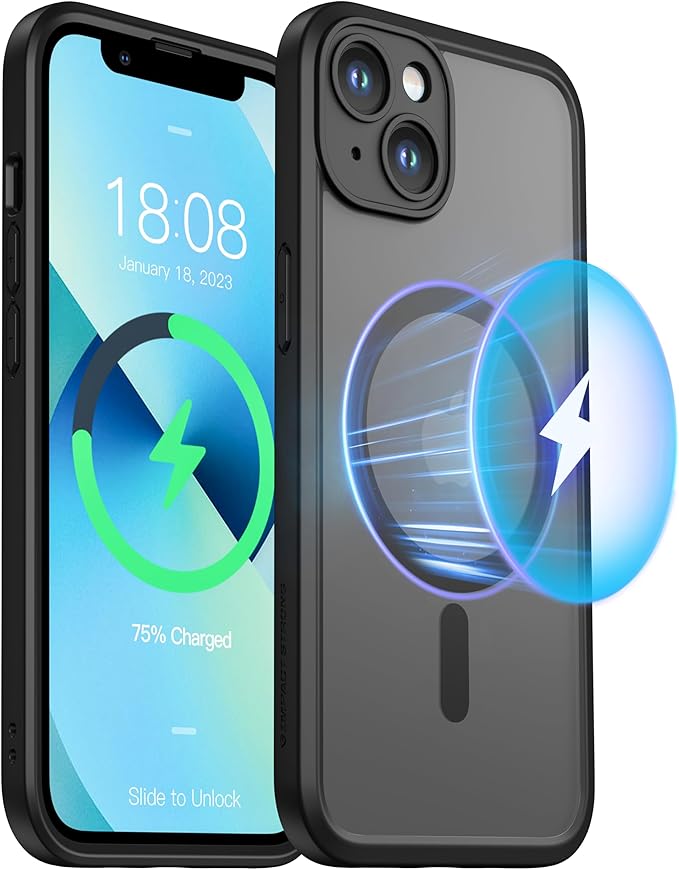 ImpactStrong Magnetic Guard Designed for iPhone 13 Case [Camera Protection] [Military Grade Drop Tested] [Compatible with MagSafe] Slim Translucent Matte Phone Case (6.1") - Black