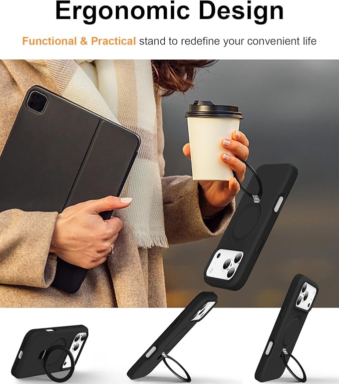 ZHK Liquid Silicone Designed for iPhone 17 Pro Case with Magnet Stand, [Precise Camera Lens Protection][Mil-Grade Drop Shockproof][Soft Anti-Scratch Microfiber Lining] Slim Fit Cover, Black