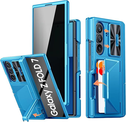 for Samsung Galaxy Z Fold 7 Case with Card Holder RFID Blocking & Privacy Screen Protector & Slide Lens Cover & Hinge Protection & Kickstand, Shockproof Wallet Case for Z Fold 7 (Lake Blue)