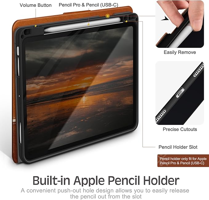 KingBlanc for iPad Air 11-inch Case M3 (2025) / M2 (2024), iPad Air 5th/4th Generation (2022/2020, 10.9") with Pencil Holder, Vegan Leather Stand Cover, Auto Sleep Wake, Viewing/Typing Angle, Brown