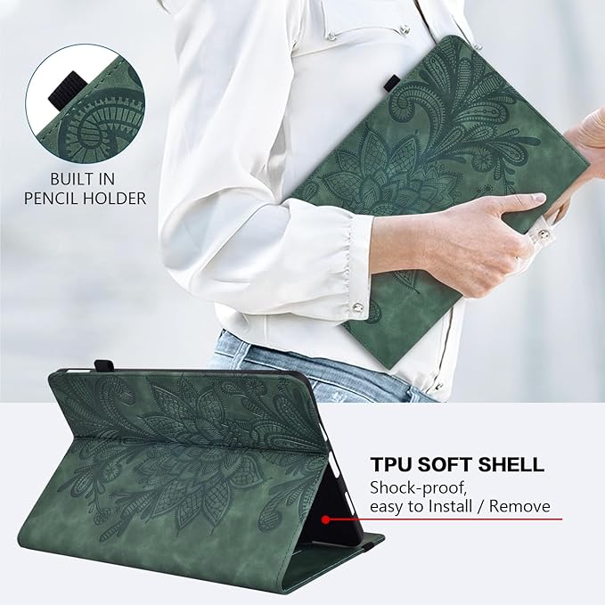 Case for Lenovo Tab M11 (TB-330FU/330XU) 11" 2024, Embossed Lace PU Leather Flip Folio Stand Cover Case with Elastic Band Card Slots Pen Holder & Multiple Viewing Angles- Green