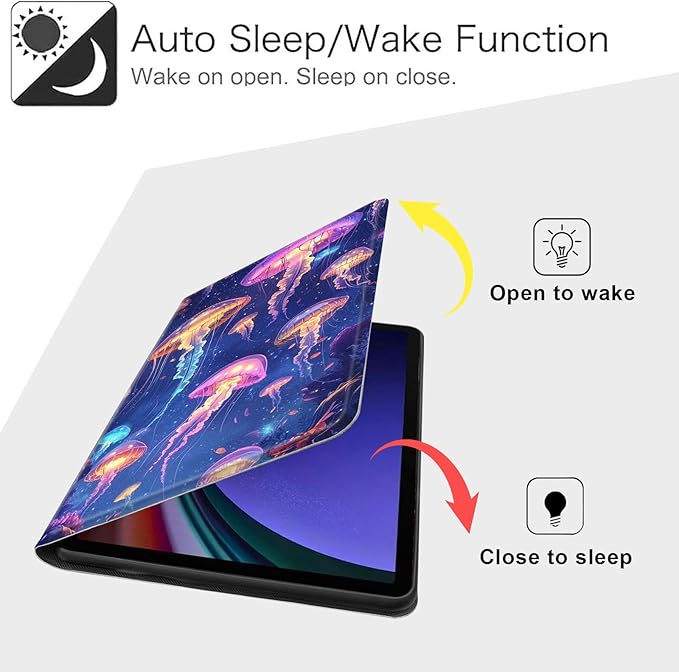 Case for Samsung Galaxy Tab S10 FE/ S9 FE 5G 10.9 Inch/Tab S9 11 Inch, Slim PU Leather Stand Cover with Auto Wake/Sleep, Multi-Angle Viewing & Shockproof, Glowing Jellyf