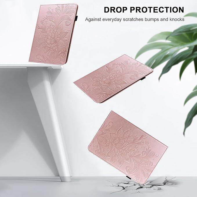 Case for Lenovo Tab M10 Plus 3rd Gen 10.6 Inch 2022 (TB125FU/128FU), Embossed Lace PU Leather Flip Folio Tablet Case with Elastic Band & Card Slots/Holder, Multi-Angle Viewing Stand Cover, Rose Gold