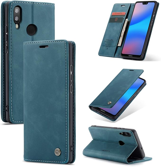 for Huawei P20 Lite Case, Flip Wallet Leather Case with Card Holder Magnetic Closure Shockproof Kickstand Protective Phone Cases Cover for Huawei P20 Lite,Blue-Green