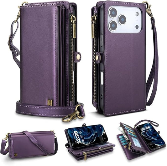 for iPhone 17 Pro Max Wallet Phone Case with 8 Card Holder,RFID Blocking | PU Leather | Kickstand | Flip | Wrist Strap&Shoulder Strap | Shockproof | Zipper Wallet | Women Men | 6.9" | Purple
