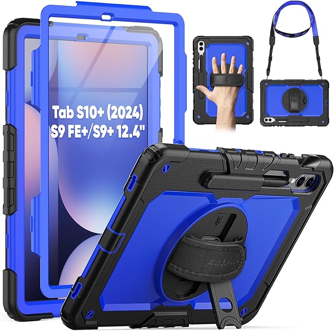 SEYMAC Case for Samsung Galaxy Tab S10+ Plus 2024/ S9 FE+ Plus/ S9+ Plus 12.4" 2023, Heavy Duty Shockproof Protective Case with Screen Protector, Stand, Hand/Shoulder Strap and Pen Holder, Blue