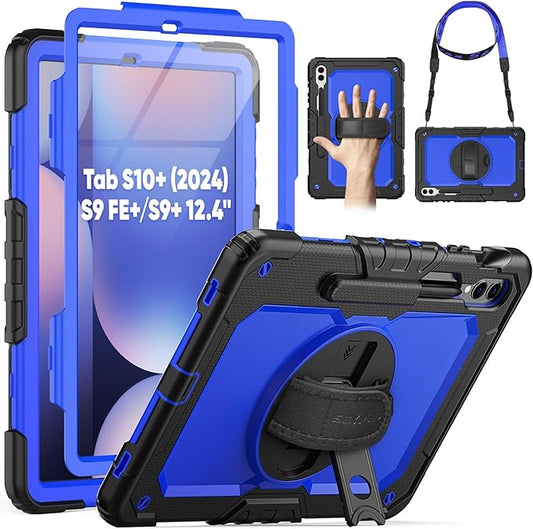 SEYMAC Case for Samsung Galaxy Tab S10+ Plus 2024/ S9 FE+ Plus/ S9+ Plus 12.4" 2023, Heavy Duty Shockproof Protective Case with Screen Protector, Stand, Hand/Shoulder Strap and Pen Holder, Blue