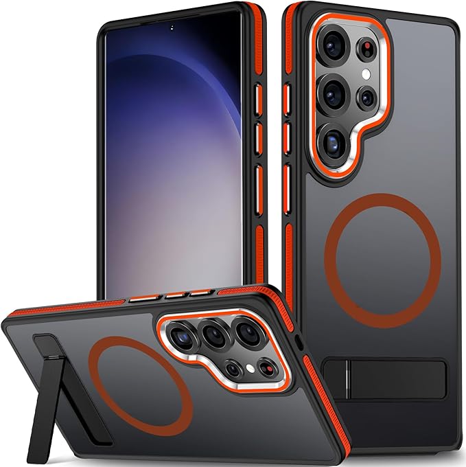 Stand Case for Samsung Galaxy S25 Ultra with 3 Way Adjustable, Shockproof Translucent Phone Case Fits for Magsafe, Hybrid Color Anti-Slip Matte Cover for Galaxy S25 Ultra (Black/Orange)