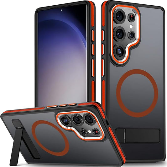Stand Case for Samsung Galaxy S25 Ultra with 3 Way Adjustable, Shockproof Translucent Phone Case Fits for Magsafe, Hybrid Color Anti-Slip Matte Cover for Galaxy S25 Ultra (Black/Orange)