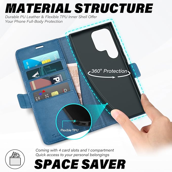 TUCCH Wallet Case for Galaxy S25 Ultra with [TPU Shockproof Interior Case] [RFID Blocking] Folio Stand Card Slot, Magnetic PU Leather Protect Folio Cover Compatible with Galaxy S25 Ultra, Light Blue