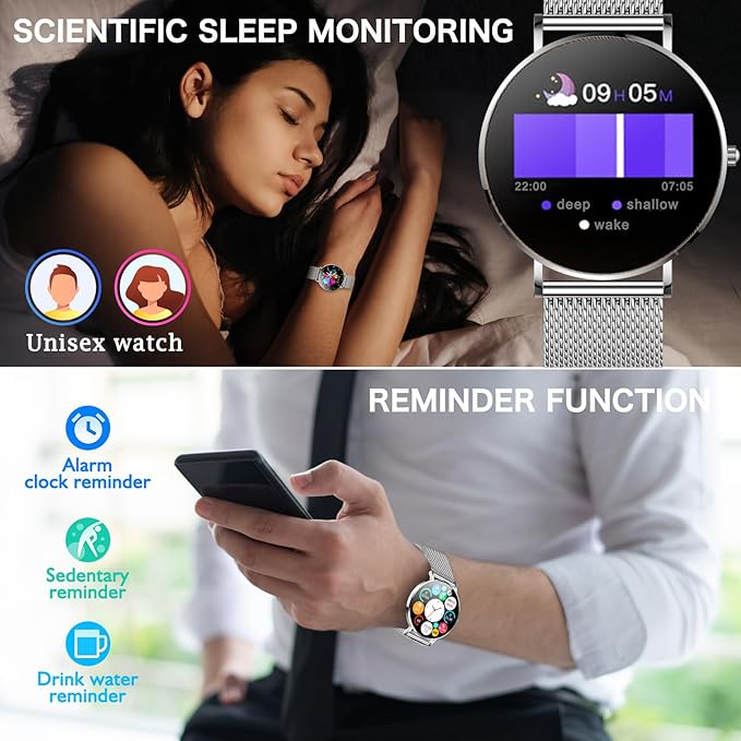 Smart Watch for Men and Women, 1.3 Inch Amoled HD Round Full Touch Screen Watch, Full Metal 6.8MM Ultra-Thin Case, Multiple Sports Modes, Compatible with Androidand iOS (Steel Silver)