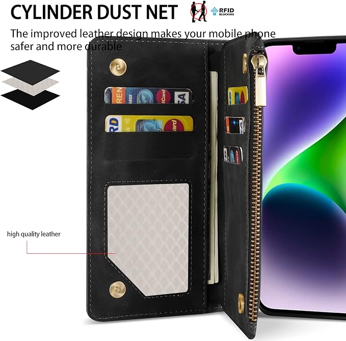 ZZXX for iPhone 14 Plus Case Wallet with [RFID Blocking] Card Slot Premium Soft PU Leather Zipper Flip Folio with Wrist Strap Kickstand Protective Cover for iPhone 14 Plus Wallet Case(Black-6.7 inch)