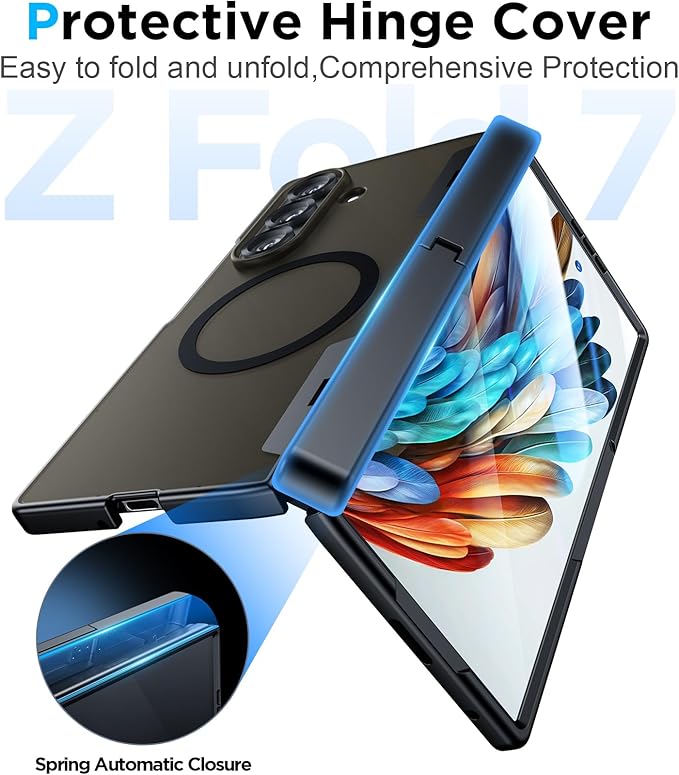 Temdan Magnetic for Samsung Galaxy Z Fold 7 Case,[Compatible with MagSafe][Built-in HD Screen Protector&Invisible Kickstand][Hinge Protection]Translucent Matte Shockproof Phone Case for Z Fold 7,Black