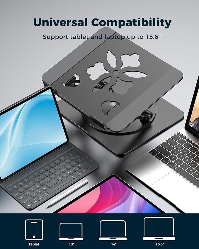 Adjustable Laptop Stand for Desk - Portable Laptop Riser with Rotating Base, Foldable Aluminum Computer Stand, Ergonomic Laptop Holder for MacBook Pro/Air Dell HP Lenovo Notebook up to 15.6", Black