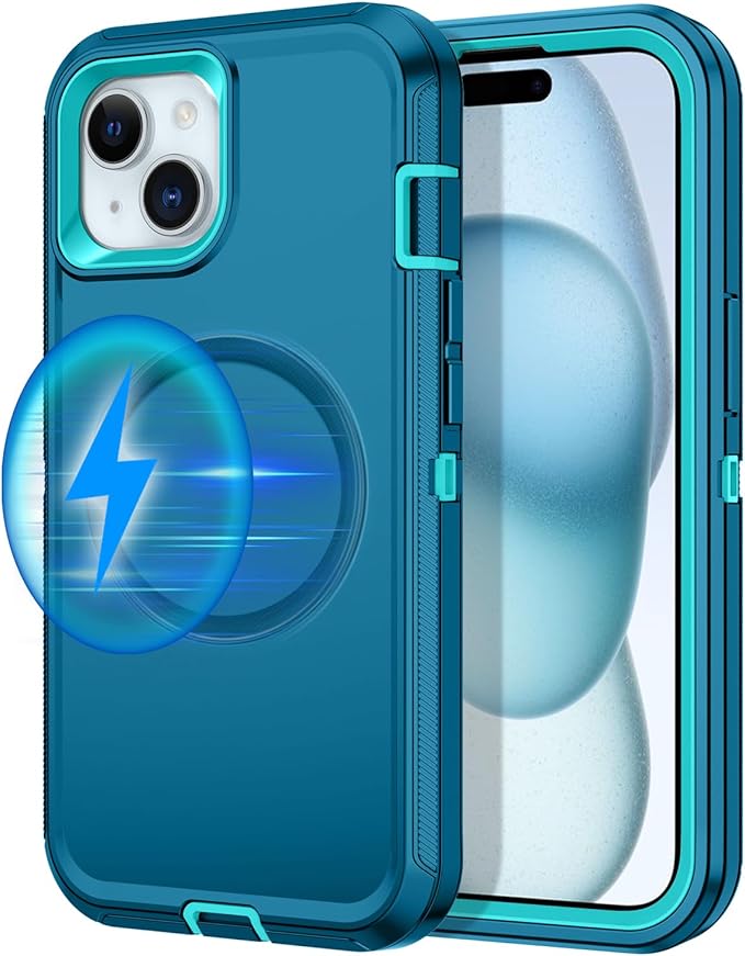 for iPhone 13/14/15 Case [Compatible with MagSafe] Shockproof 3-Layer Full Body Protection Rugged Heavy Duty Cover Case for Apple iPhone 13/14/15 6.1",Turquoise