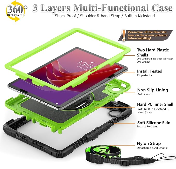 SEYMAC stock Tablet Case for Lenovo Tab M11 (TB-330FU/TB-330XU) 11 inch Drop-Proof Protection Cover with 360° Rotate Stand & Strap [Pen Holder] & Screen Protector/K11/Xiaoxin Pad 2024, Green+Black