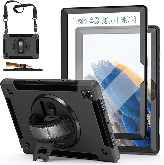 Case for Galaxy Tab A8 10.5 2022: TPU Cover for Samsung Tablet A8 5G with Screen Protector - Stand- Handle - Shoulder Strap - S-Pen Holde- Black
