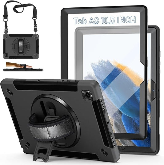 Case for Galaxy Tab A8 10.5 2022: TPU Cover for Samsung Tablet A8 5G with Screen Protector - Stand- Handle - Shoulder Strap - S-Pen Holde- Black