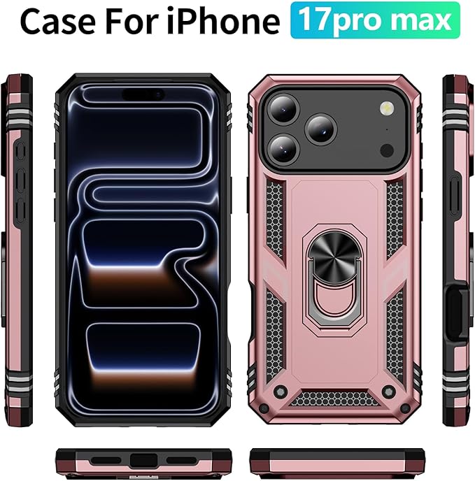 ADDIT Compatible with iPhone 17 Pro Max Case with Tempered Glass Screen Protector, Adjustable Kickstand Ring, Military-Grade Heavy Duty Protection, Shockproof, Anti-Fingerprint,Rose Gold
