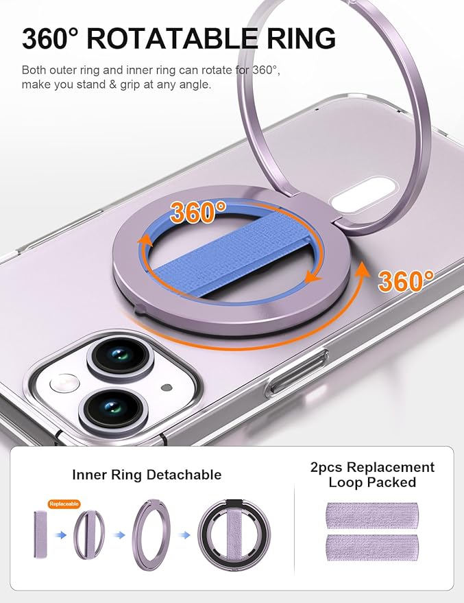 EWA MagOne Ultra for Magsafe Phone Grip Kickstand [Replaceable Elastic Finger Loop], Mag Safe Ring Holder Stand, Two-Sided Magnetic Phone Accessories for iPhone 17,16,15,14,13,12 Pro/Max/Plus-Purple