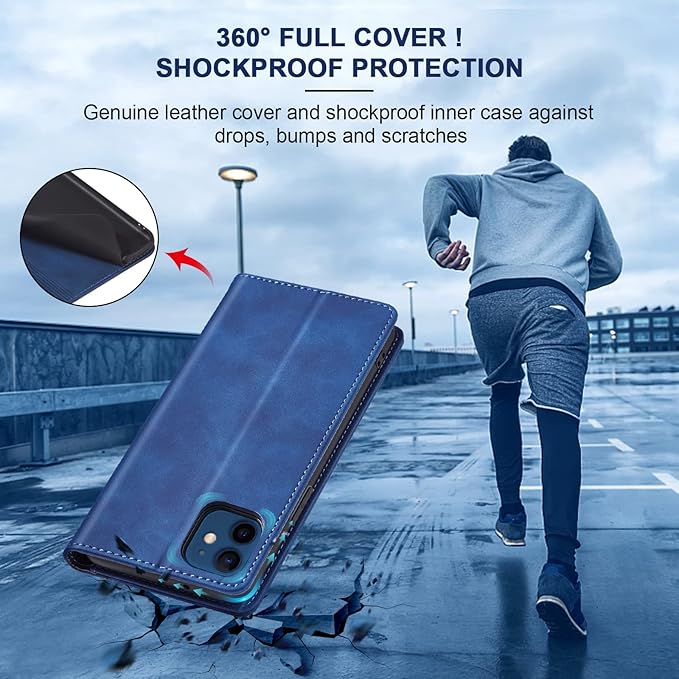 Jasonyu Flip Wallet Case for iPhone 12/12 Pro,Leather Magnetic Folio Cover with Card Holder,Kickstand - TPU Shockproof Durable Protective Phone Case,Blue