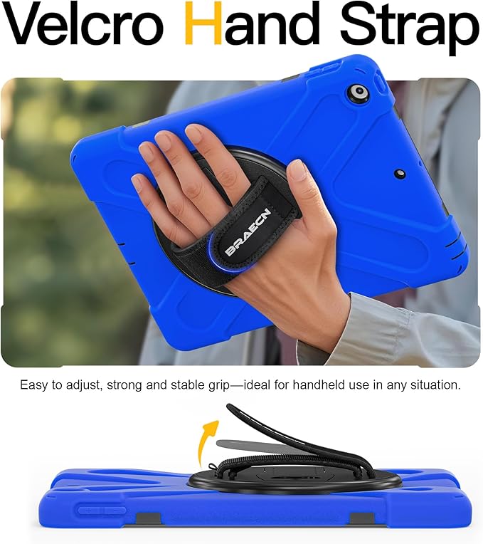 BRAECN for iPad 9th/8th/7th Generation Case, iPad 10.2 inch Heavy Duty Rugged Case with Built in Screen Protector, Hand Strap, Swiveling Stand/Shoulder Straps for iPad 10.2 2021/2021/2019-Blue
