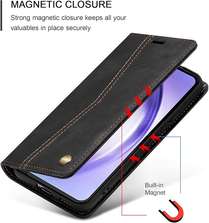 QLTYPRI Wallet Case for Samsung Galaxy S24, Vintage Folio PU Leather Purse Case with Card Slots Magnetic Closure Kickstand Flip Crashproof Phone Cover for Samsumg Galaxy S24 - Black