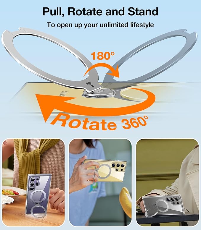 TORRAS 360° Spin Magnetic Stand for Samsung Galaxy S24 Ultra Case, Fit for Magsafe, Hard PC S24 Ultra Phone Case with Kickstand & Ring Holder, Transparent Clear