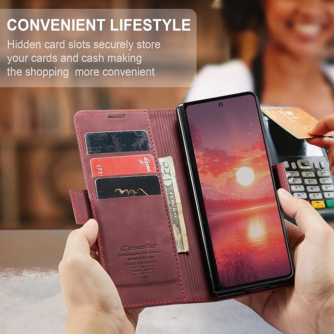 Wallet Case for Samsung Galaxy Z Fold 7 Leather Wallet Flip Cover with Card Holder, Kickstand, Magnetic Closure, RFID Blocking TPU Shockproof Phone Case Compatible with Galaxy Fold 7, Red