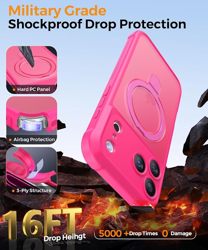 MOCCA Compatible with iPhone 17 Pro Case with Magnetic Invisible Stand [Full Camera Protection] [Compatible with Magsafe] Military Drop Shockproof Translucent Matte Phone Case Cover 6.3",Hot Pink