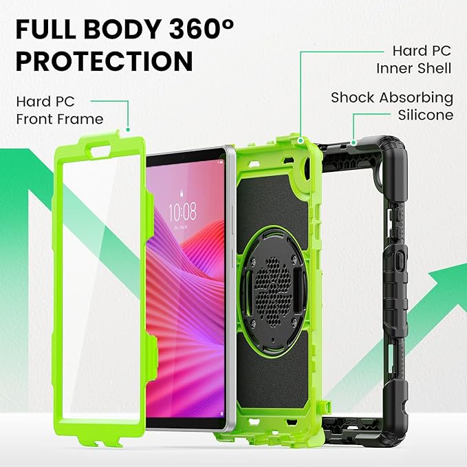 SEYMAC Case for Lenovo Tab One 8.7 inch/ K9 TB305FU (2025), Heavy Duty Full-Body Shockproof Protective Case with Screen Protector, Stand, Hand/Shoulder Strap and Pen Holder, Green