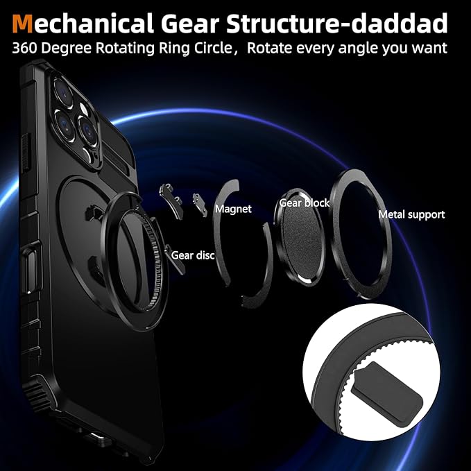 for iPhone 16 Pro Case Magnetic Compatible with Wireless Charging,16 Pro Phone Case with 2 Screen Protector,Built-in Kickstand Ring Military Grade Drop Shockproof Heavy Duty Protection Black