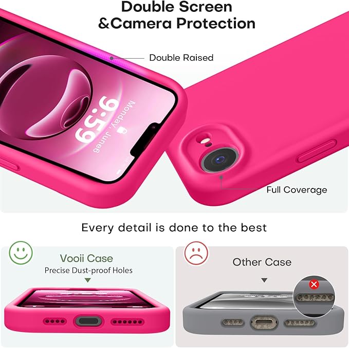 Vooii Compatible with iPhone 16e Case, Liquid Silicone Upgrade [Camera Protection] [Soft Anti-Scratch Microfiber Lining] Shockproof Phone Case for iPhone 16e 6.1 inch - Hot Pink